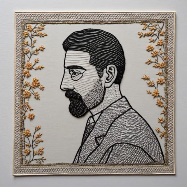 Embroidery Art,Embroidery Art, People, man, 1boy, male focus, solo, facial hair, profile, traditional media