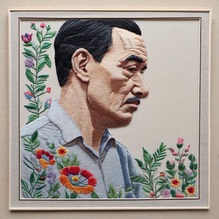 Embroidery Art,Embroidery Art, People, man, 1boy, male focus, solo, flower, black hair, mustache, shirt