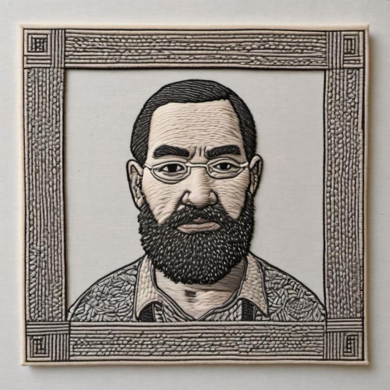 Embroidery Art,Embroidery Art, People, man, 1boy, male focus, facial hair, solo, glasses, beard, monochrome