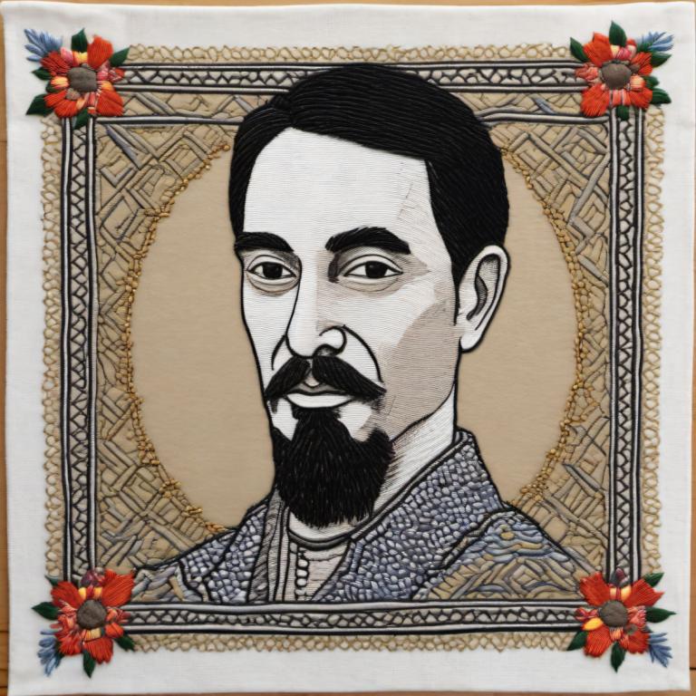 Embroidery Art,Embroidery Art, People, man, 1boy, male focus, facial hair, solo, flower, black hair, mustache