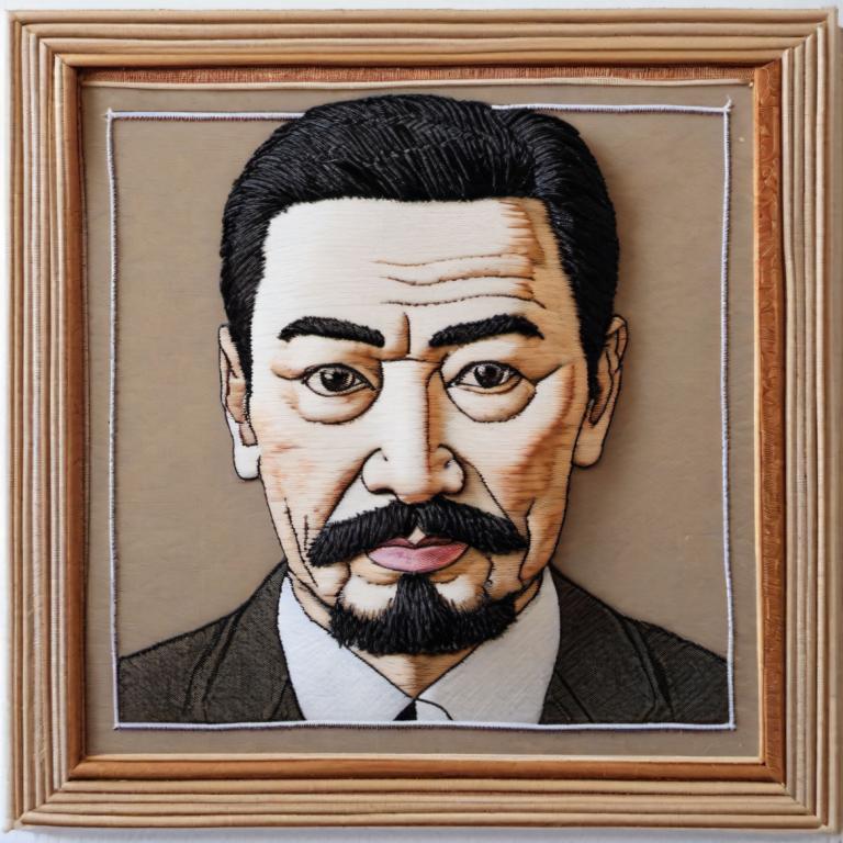 Embroidery Art,Embroidery Art, People, man, 1boy, solo, male focus, facial hair, black hair, mustache