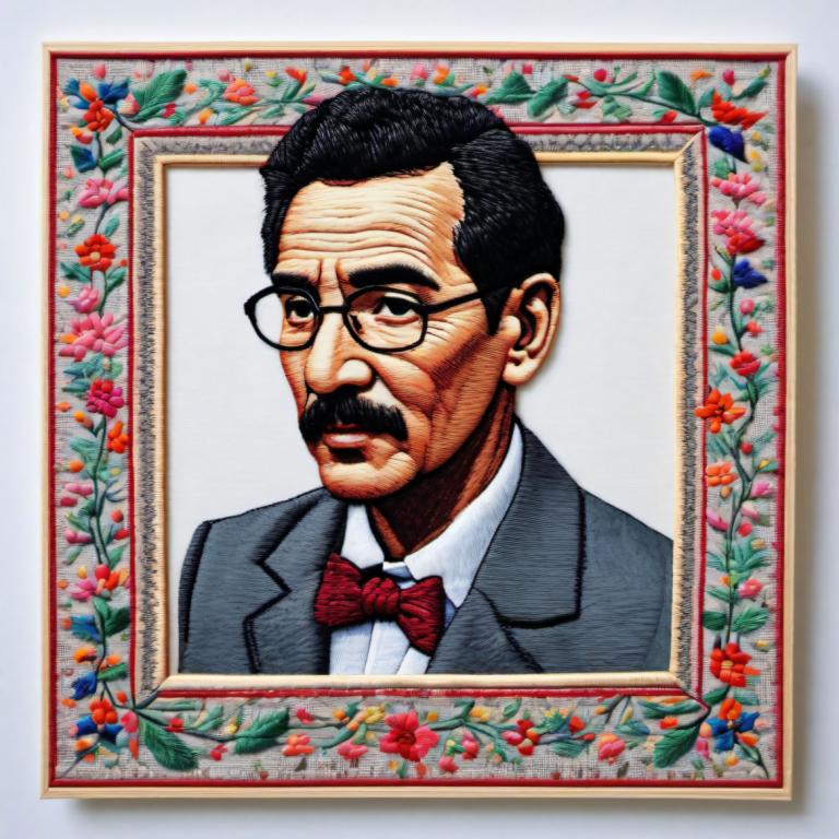 Embroidery Art,Embroidery Art, People, man, 1boy, male focus, solo, glasses, bowtie, bow, black hair