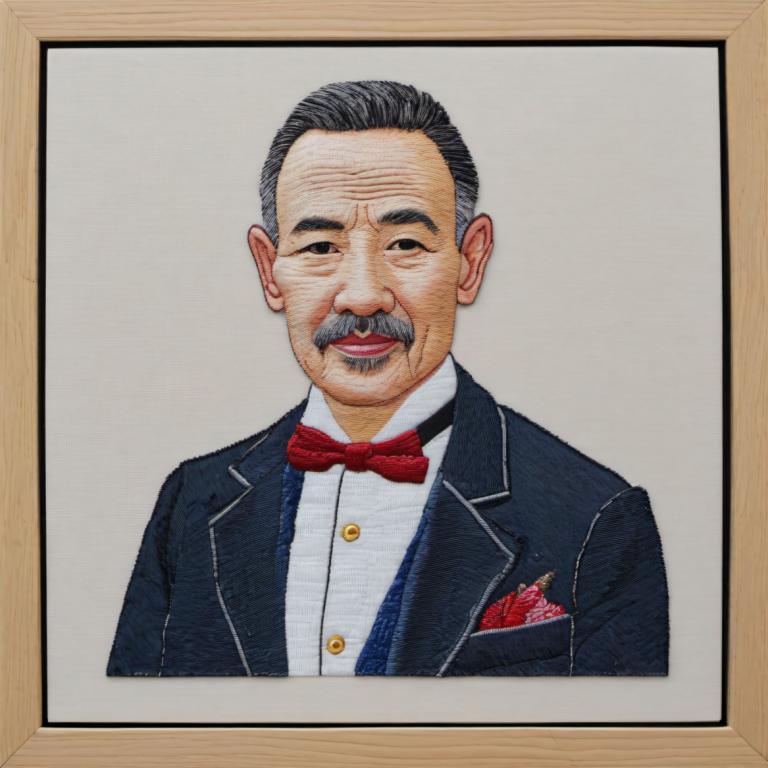 Embroidery Art,Embroidery Art, People, man, 1boy, bow, bowtie, male focus, solo, mustache, facial hair