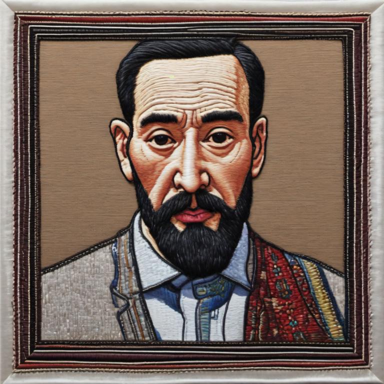 Embroidery Art,Embroidery Art, People, man, 1boy, male focus, facial hair, solo, black hair, mustache, beard