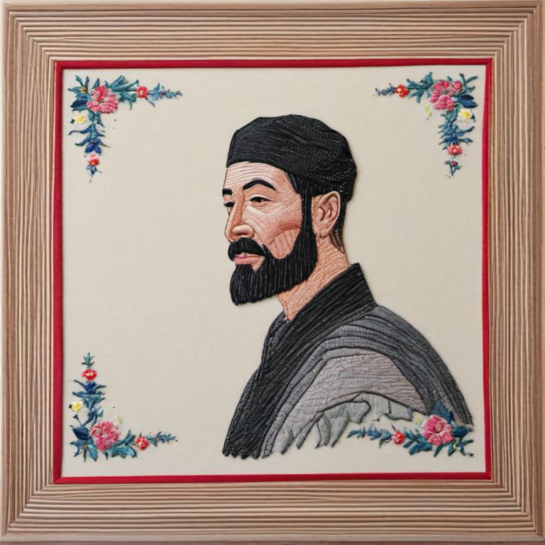 Embroidery Art,Embroidery Art, People, man, 1boy, facial hair, solo, male focus, black hair, beard, flower