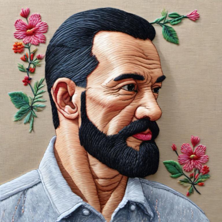 Embroidery Art,Embroidery Art, People, man, 1boy, male focus, solo, facial hair, flower, black hair, beard