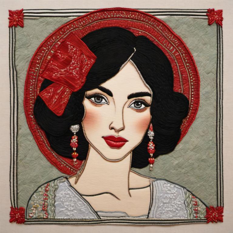 Embroidery Art,Embroidery Art, People, woman, 1girl, solo, black hair, earrings, jewelry, blush