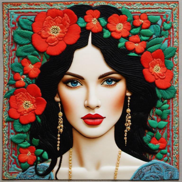 Embroidery Art,Embroidery Art, People, woman, 1girl, solo, jewelry, black hair, flower, earrings, blue eyes