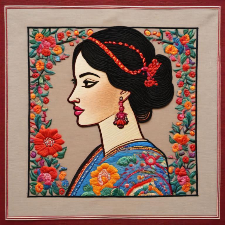 Embroidery Art,Embroidery Art, People, woman, 1girl, solo, jewelry, earrings, black hair, flower, lipstick