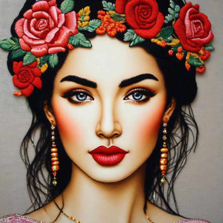 Embroidery Art,Embroidery Art, People, woman, 1girl, solo, flower, jewelry, earrings, makeup, black hair