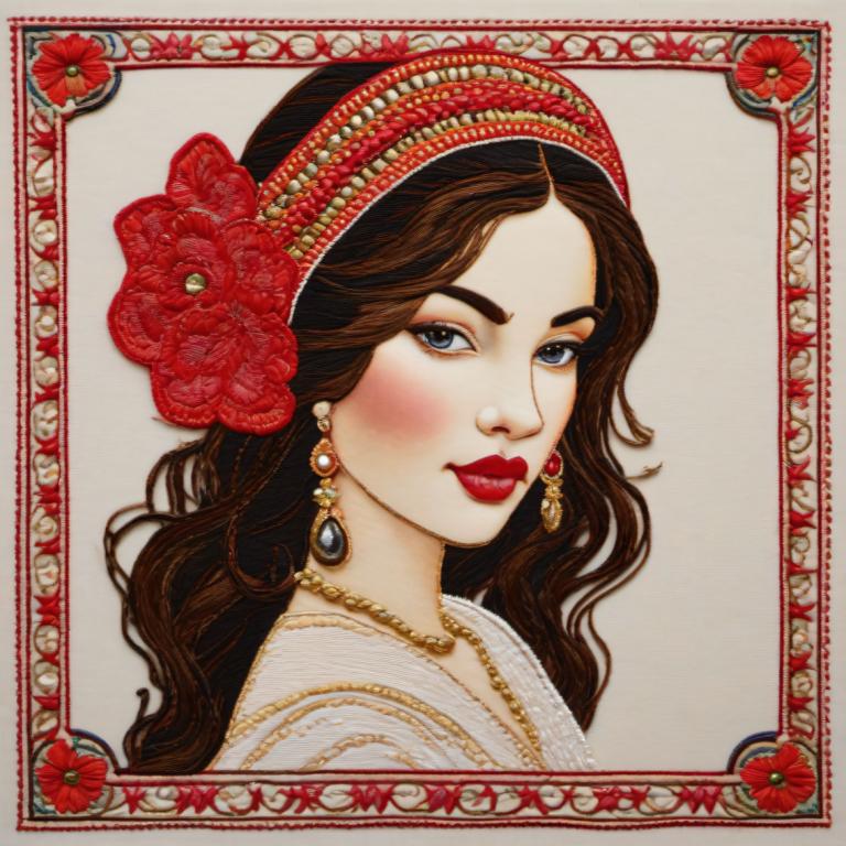 Broderie Art,Broderie Art, Oameni, femeie, 1 fata, solo, Bijuterii, cercei, păr șaten, colier, inventa