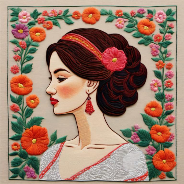 Embroidery Art,Embroidery Art, People, woman, 1girl, solo, flower, earrings, jewelry, hairband, profile