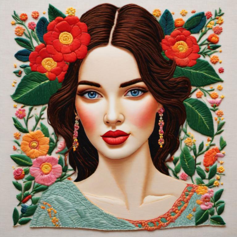 Embroidery Art,Embroidery Art, People, woman, 1girl, solo, flower, jewelry, blue eyes, earrings, brown hair