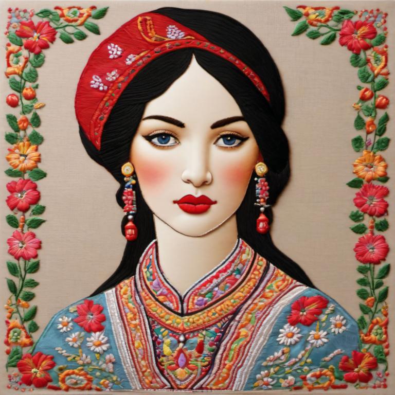 Broderie Art,Broderie Art, Oameni, femeie, 1 fata, solo, brunet, ochi albaștrii, Bijuterii, cercei, floare