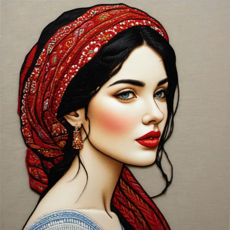 Embroidery Art,Embroidery Art, People, woman, 1girl, solo, jewelry, earrings, black hair, makeup, blue eyes