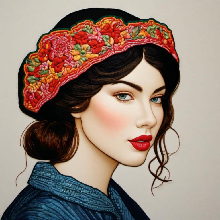 Embroidery Art,Embroidery Art, People, woman, 1girl, solo, looking at viewer, portrait, simple background