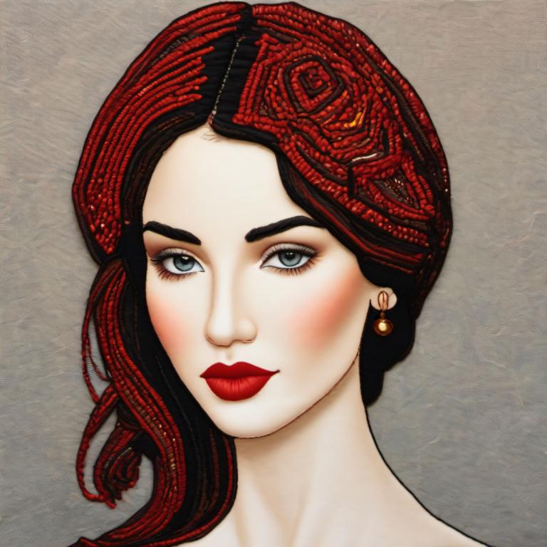 Embroidery Art,Embroidery Art, People, woman, 1girl, solo, jewelry, red hair, earrings, makeup, portrait