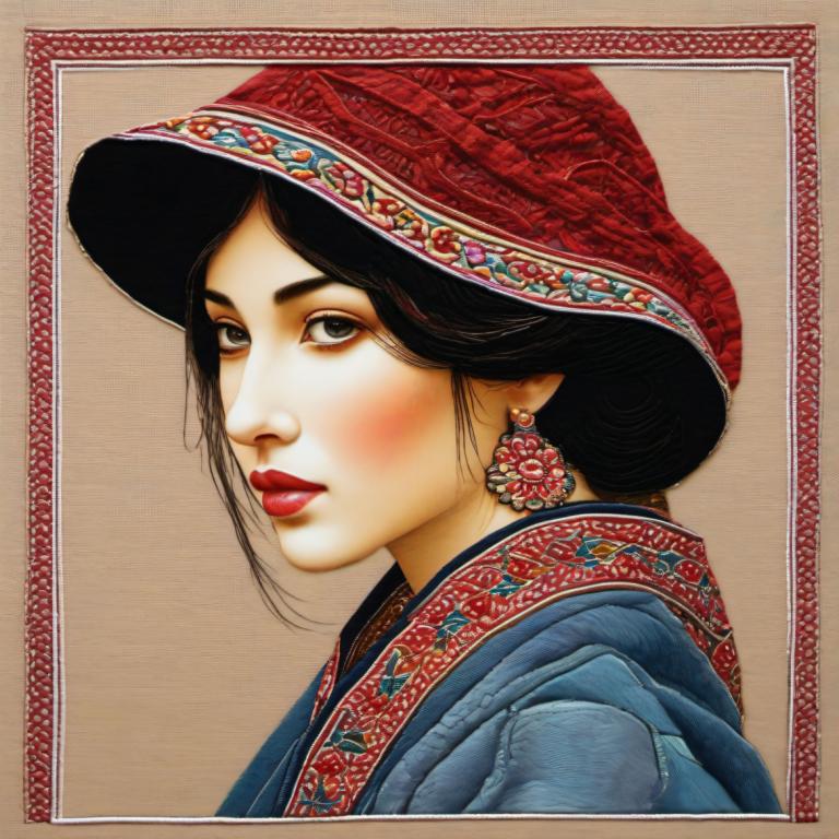 Embroidery Art,Embroidery Art, People, woman, 1girl, solo, jewelry, earrings, black hair, hat, border