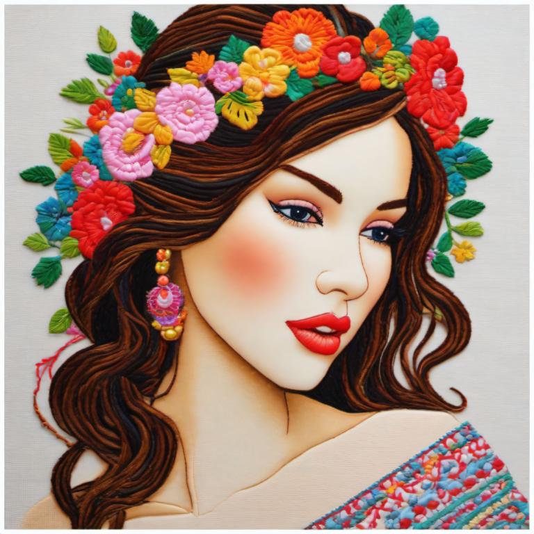 Embroidery Art,Embroidery Art, People, woman, 1girl, solo, brown hair, flower, earrings, makeup, jewelry