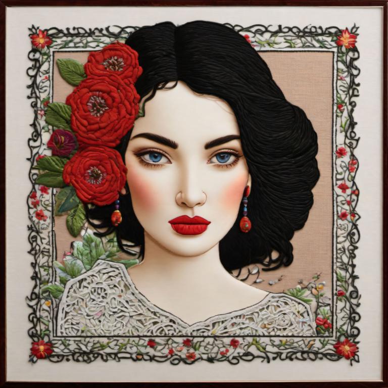 Embroidery Art,Embroidery Art, People, woman, 1girl, solo, flower, blue eyes, black hair, earrings, jewelry