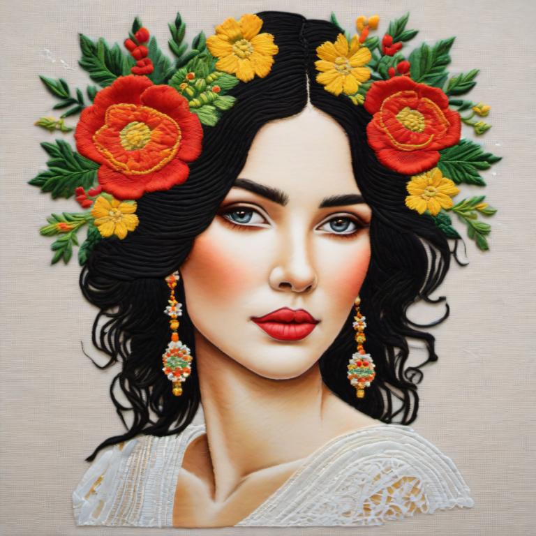 Embroidery Art,Embroidery Art, People, woman, 1girl, solo, black hair, flower, earrings, jewelry