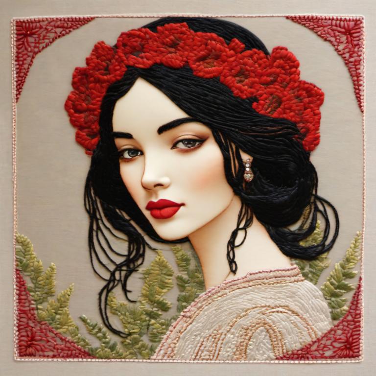 Embroidery Art,Embroidery Art, People, woman, 1girl, solo, black hair, jewelry, earrings, looking at viewer