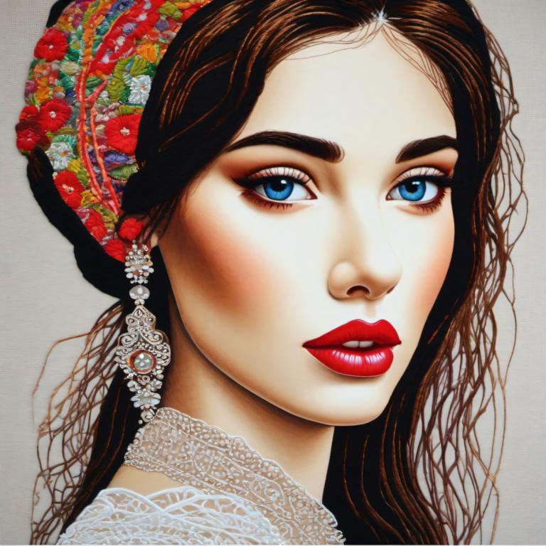 Embroidery Art,Embroidery Art, People, woman, 1girl, solo, blue eyes, brown hair, makeup, portrait, lipstick