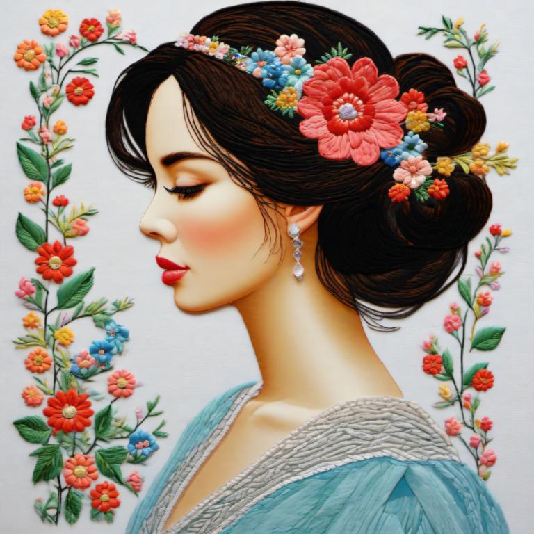 Art de la broderie,Art de la broderie, Personnes, femme, 1fille, solo, bijoux, des boucles d'oreilles, fleur