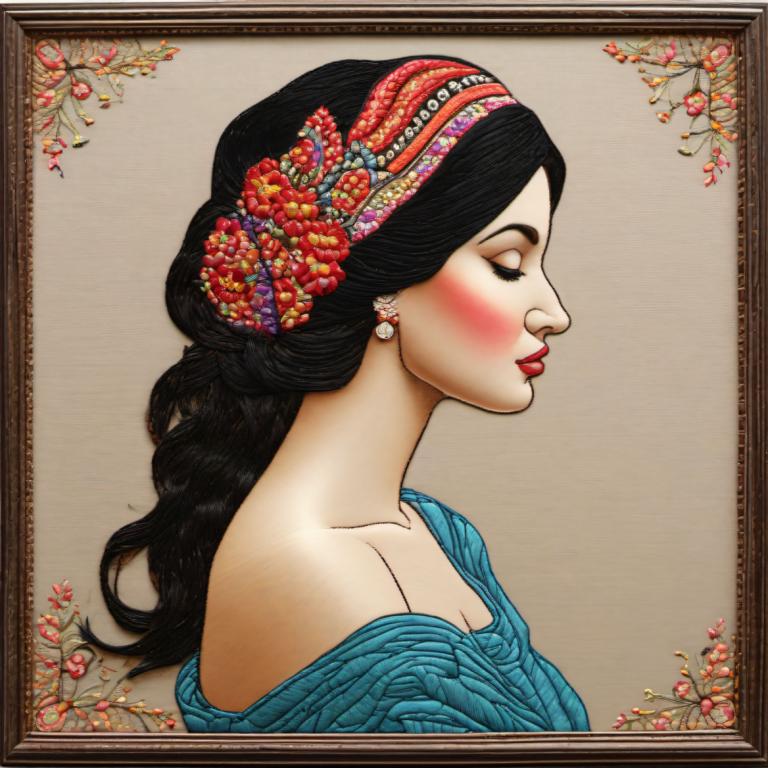 Embroidery Art,Embroidery Art, People, woman, 1girl, solo, black hair, jewelry, earrings, closed eyes