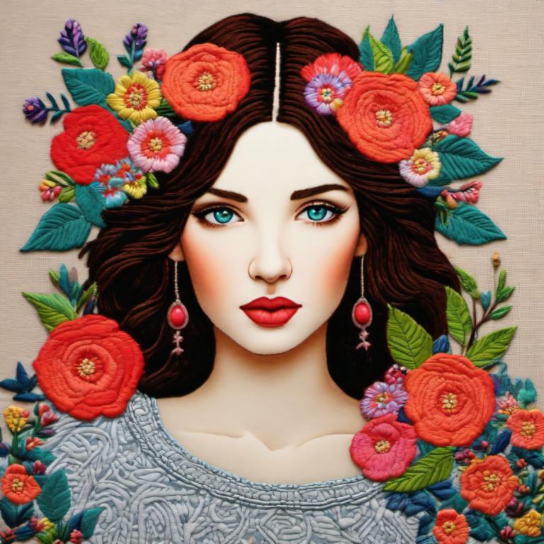 Arte del bordado,Arte del bordado, Gente, mujer, 1 chica, solo, flor, pendientes, joyas, adorno para el pelo