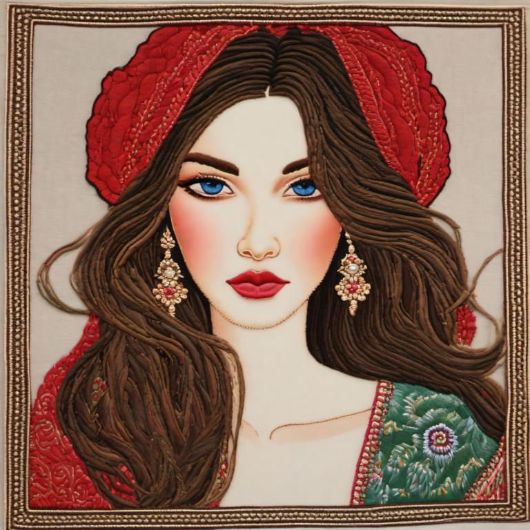 Embroidery Art,Embroidery Art, People, woman, 1girl, solo, earrings, jewelry, blue eyes, brown hair