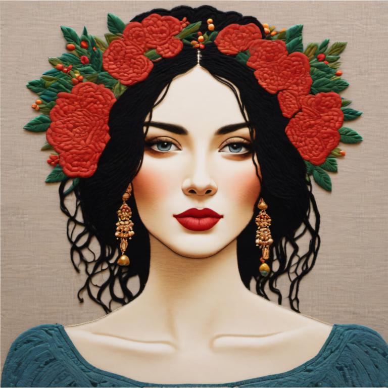 Embroidery Art,Embroidery Art, People, woman, 1girl, solo, black hair, earrings, jewelry, flower, makeup