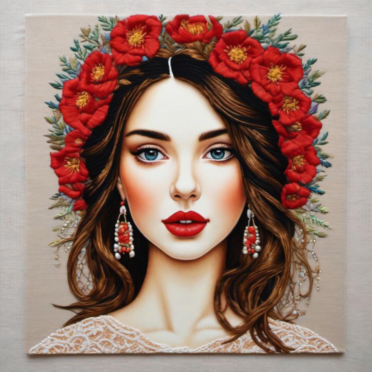 Embroidery Art,Embroidery Art, People, woman, 1girl, solo, flower, hair ornament, earrings, jewelry