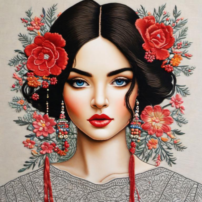 Art de la broderie,Art de la broderie, Personnes, femme, 1fille, solo, fleur, ornement de cheveux, yeux bleus