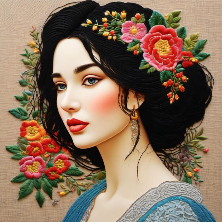 Embroidery Art,Embroidery Art, People, woman, 1girl, solo, flower, earrings, jewelry, black hair