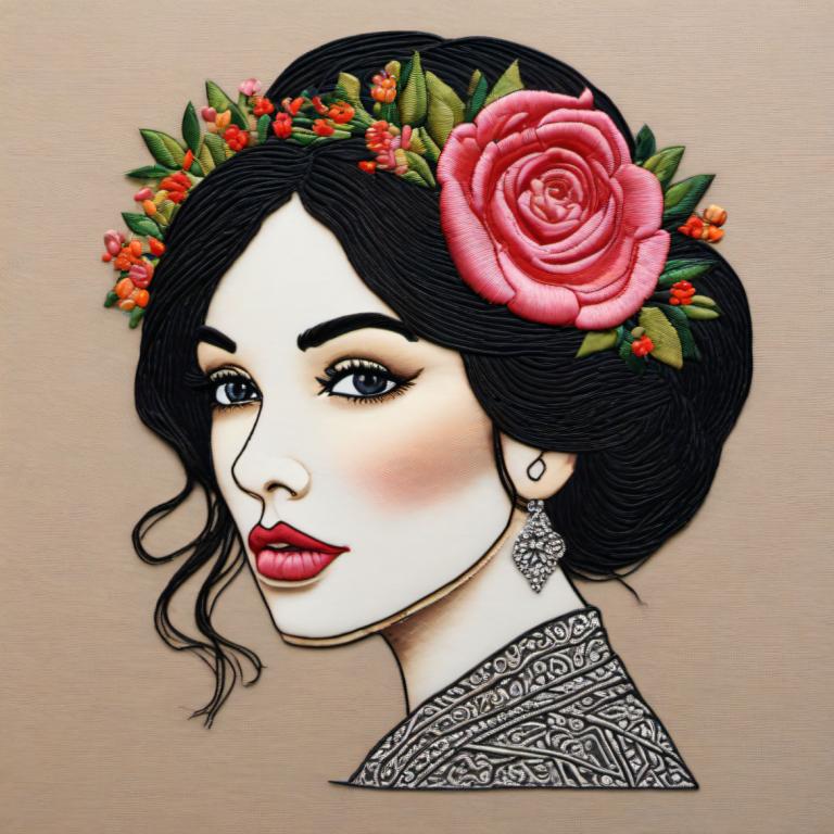 Embroidery Art,Embroidery Art, People, woman, 1girl, solo, flower, jewelry, earrings, black hair