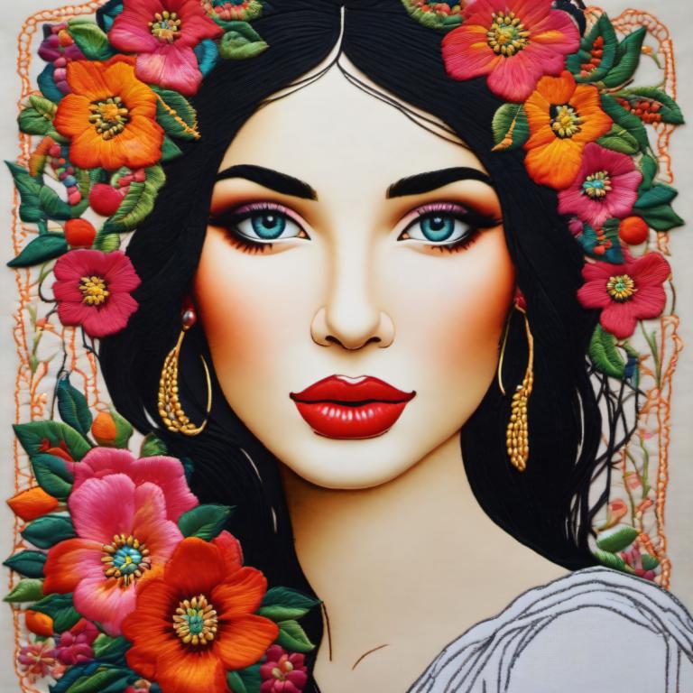 Embroidery Art,Embroidery Art, People, woman, 1girl, solo, flower, earrings, jewelry, black hair, makeup