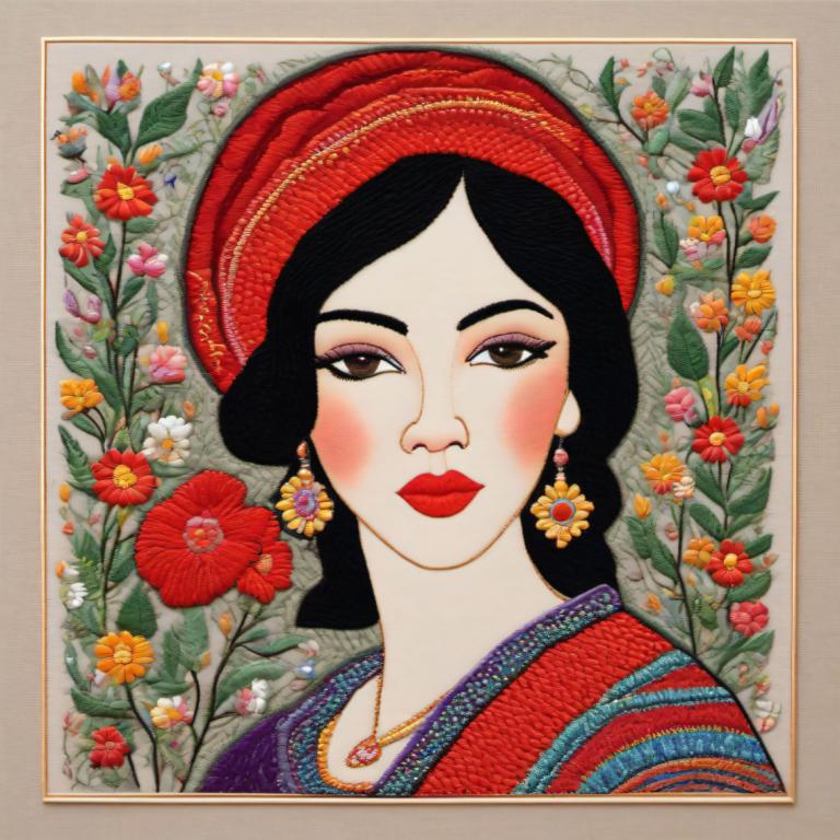 Embroidery Art,Embroidery Art, People, woman, 1girl, solo, jewelry, flower, black hair, earrings, necklace