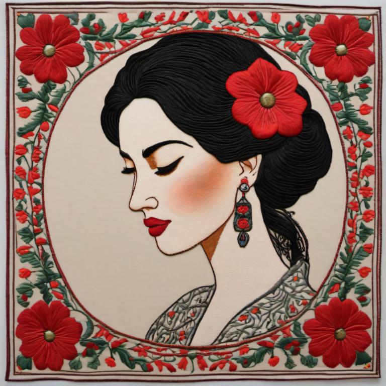 Embroidery Art,Embroidery Art, People, woman, 1girl, solo, flower, jewelry, earrings, black hair, red flower