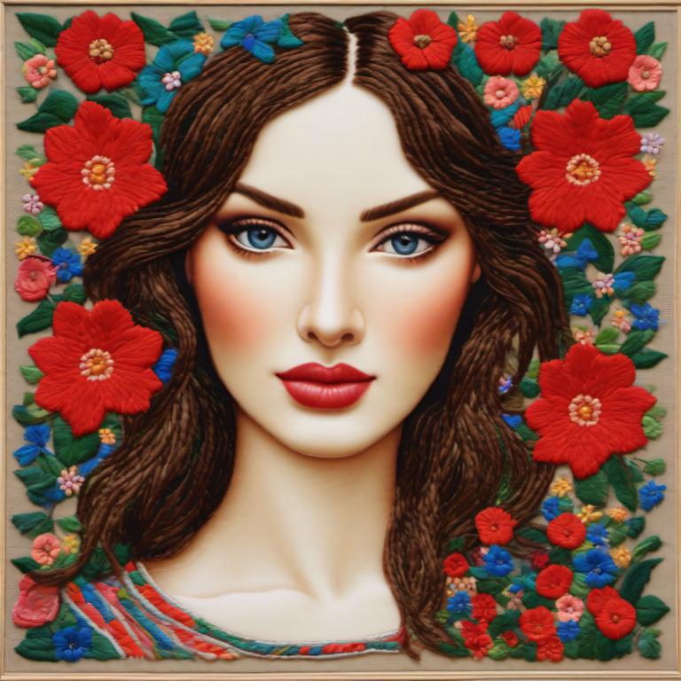 Embroidery Art,Embroidery Art, People, woman, 1girl, solo, flower, brown hair, blue eyes, red lips, makeup