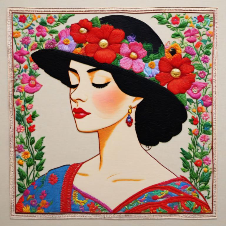 Embroidery Art,Embroidery Art, People, woman, 1girl, solo, earrings, flower, jewelry, closed eyes, black hair