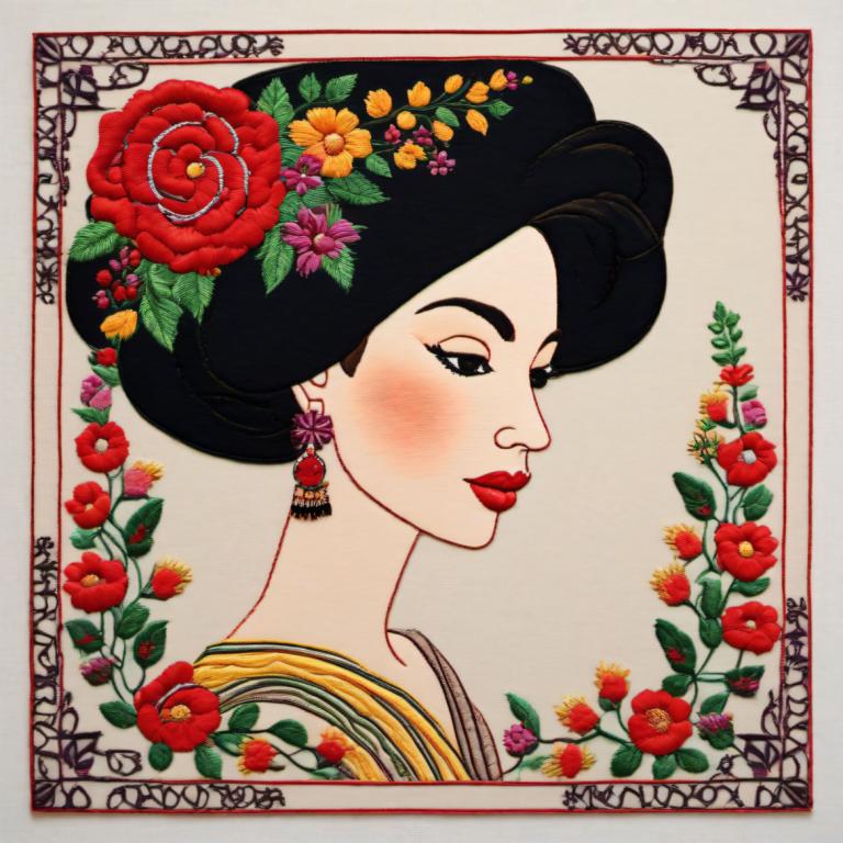 Embroidery Art,Embroidery Art, People, woman, 1girl, solo, jewelry, earrings, flower, black hair, red flower