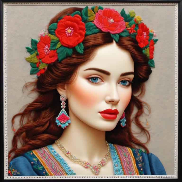 Embroidery Art,Embroidery Art, People, woman, 1girl, jewelry, solo, earrings, necklace, flower, blue eyes