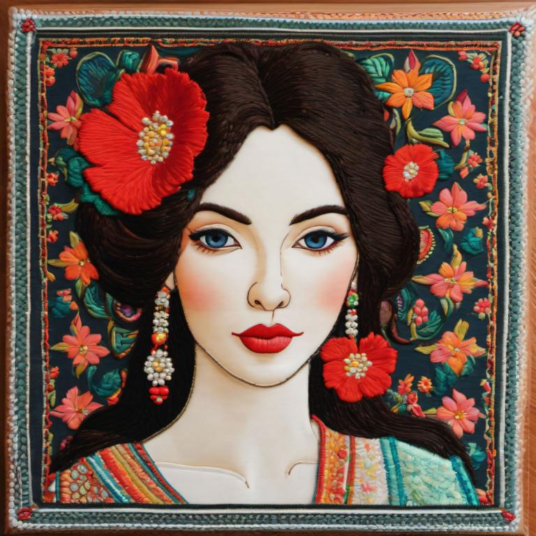 Embroidery Art,Embroidery Art, People, woman, 1girl, flower, solo, earrings, jewelry, blue eyes, hair flower