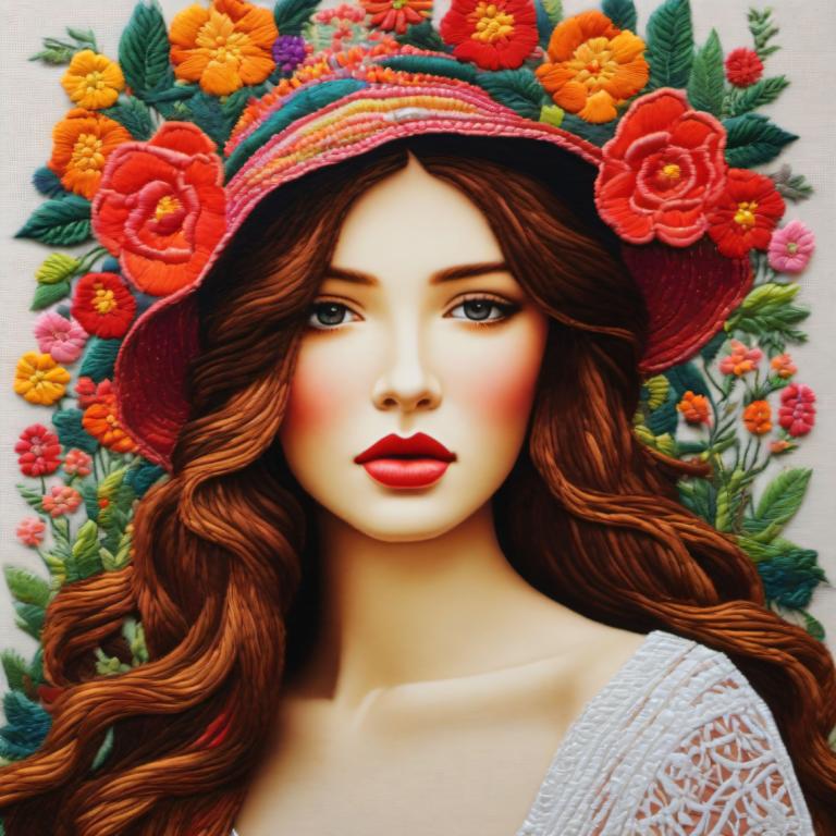 Embroidery Art,Embroidery Art, People, woman, 1girl, solo, brown hair, flower, hat, long hair, red lips