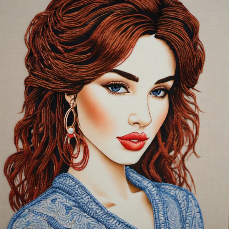 Embroidery Art,Embroidery Art, People, woman, 1girl, solo, jewelry, earrings, blue eyes, brown hair