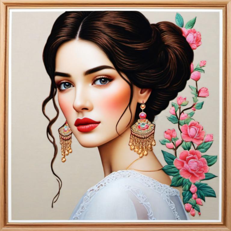 Embroidery Art,Embroidery Art, People, woman, 1girl, solo, jewelry, earrings, flower, makeup