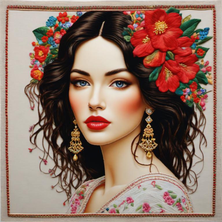 Embroidery Art,Embroidery Art, People, woman, 1girl, solo, flower, earrings, jewelry, hair ornament