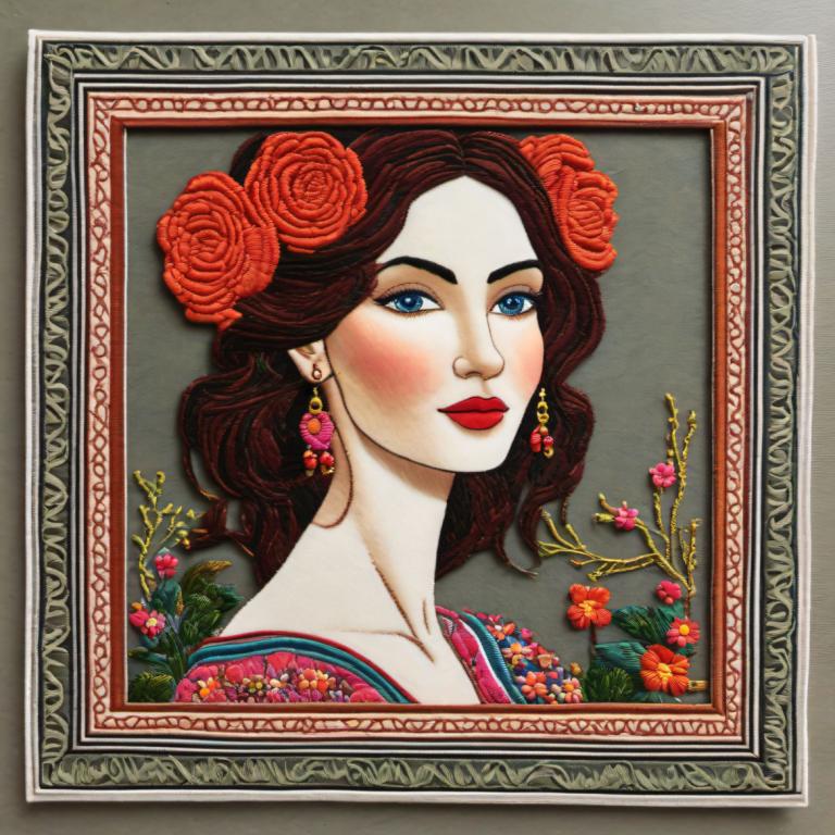 Embroidery Art,Embroidery Art, People, woman, 1girl, flower, solo, earrings, jewelry, blue eyes