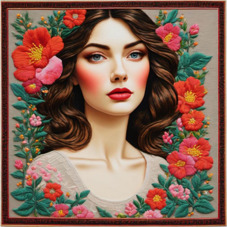 Embroidery Art,Embroidery Art, People, woman, 1girl, solo, flower, brown hair, red lips, long hair, makeup